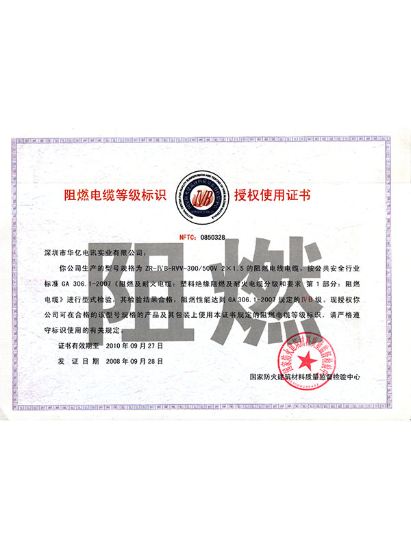 Flame retardant certificate ZR-IVB-RVV2-1.5